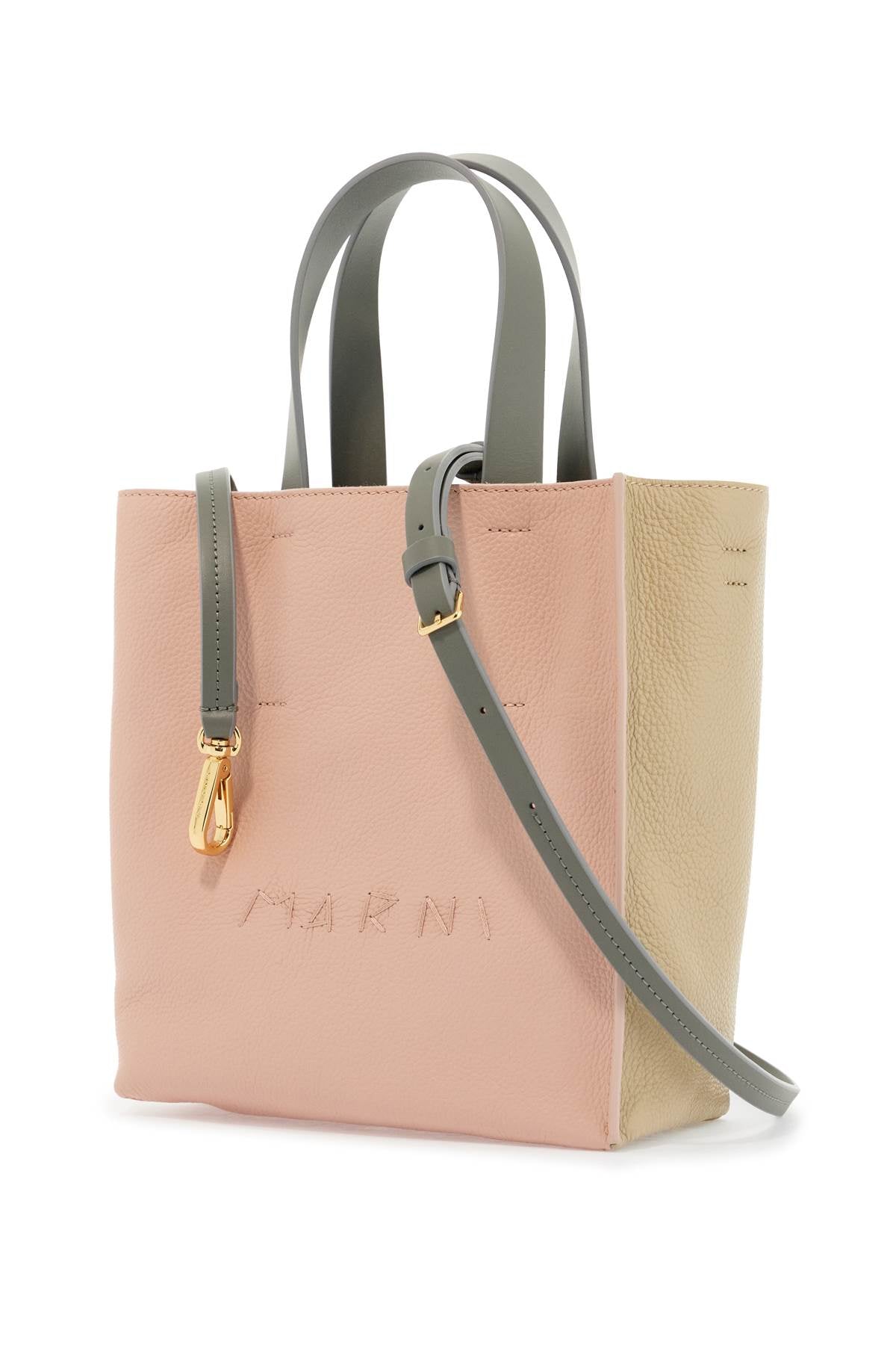 Marni Pink And Beige Calfskin Shopping Bag With Gray Handles