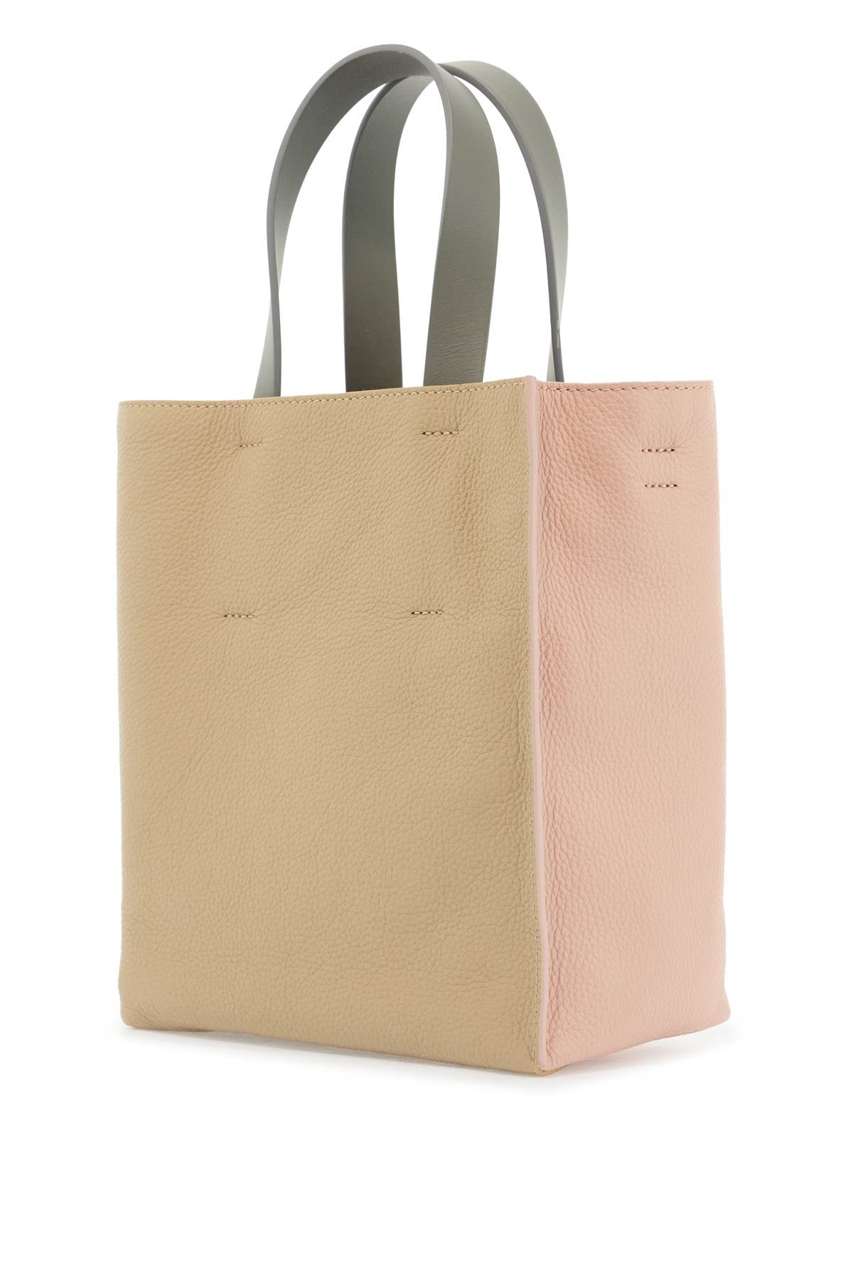 Marni Pink And Beige Calfskin Shopping Bag With Gray Handles