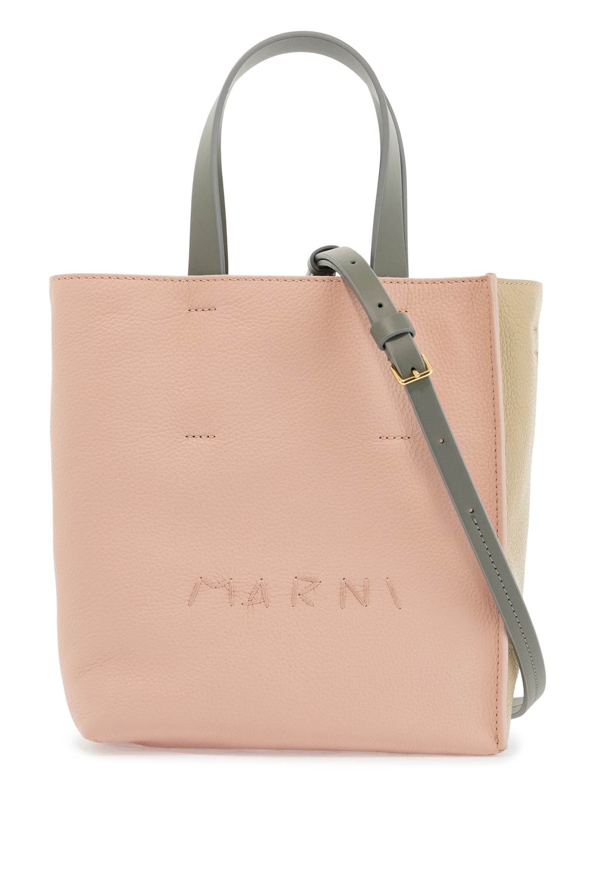 Marni Pink And Beige Calfskin Shopping Bag With Gray Handles