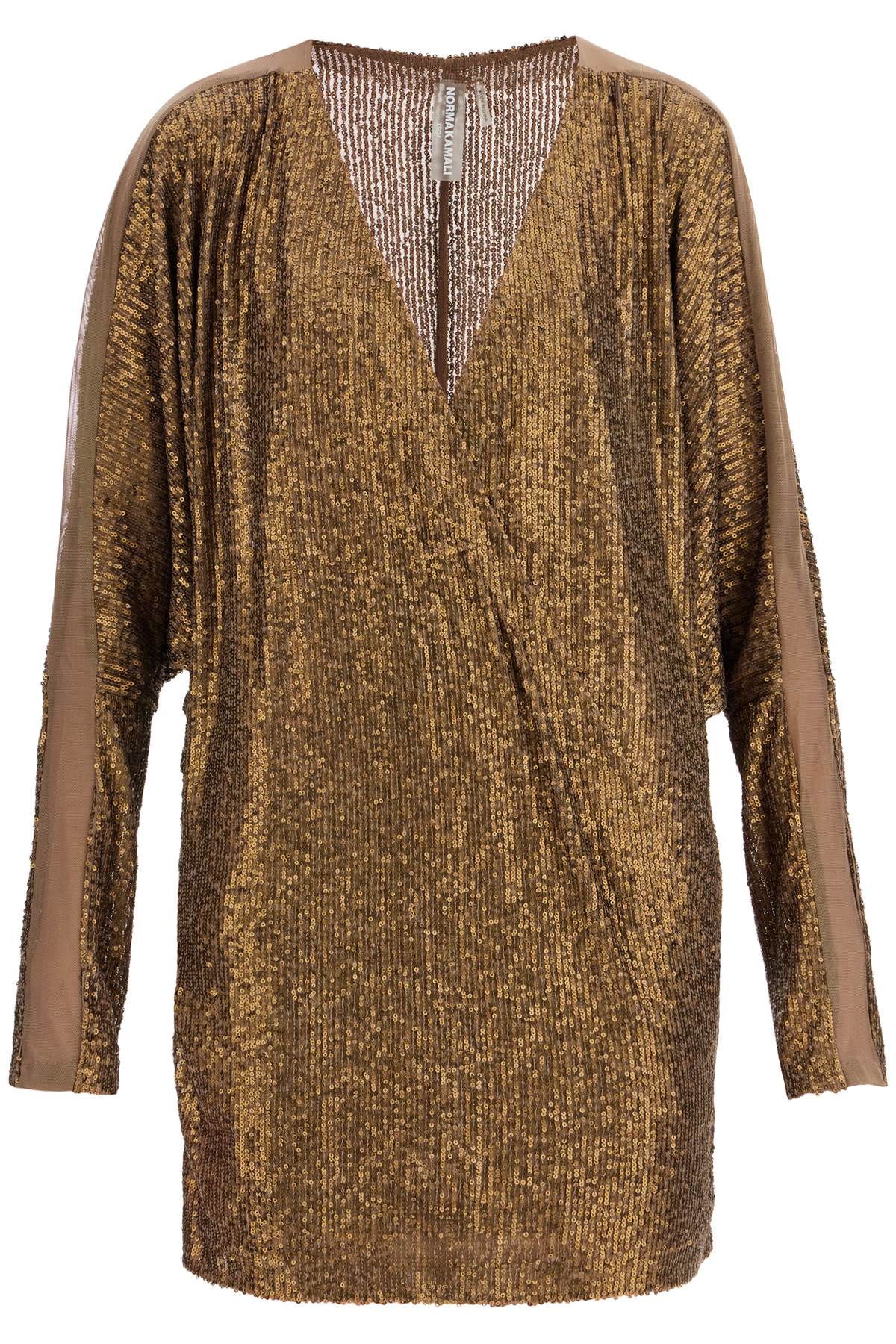 Norma Kamali Mini Wrap Dress With V-Neck Long Sleeves Shimmering Bronze Cocktail