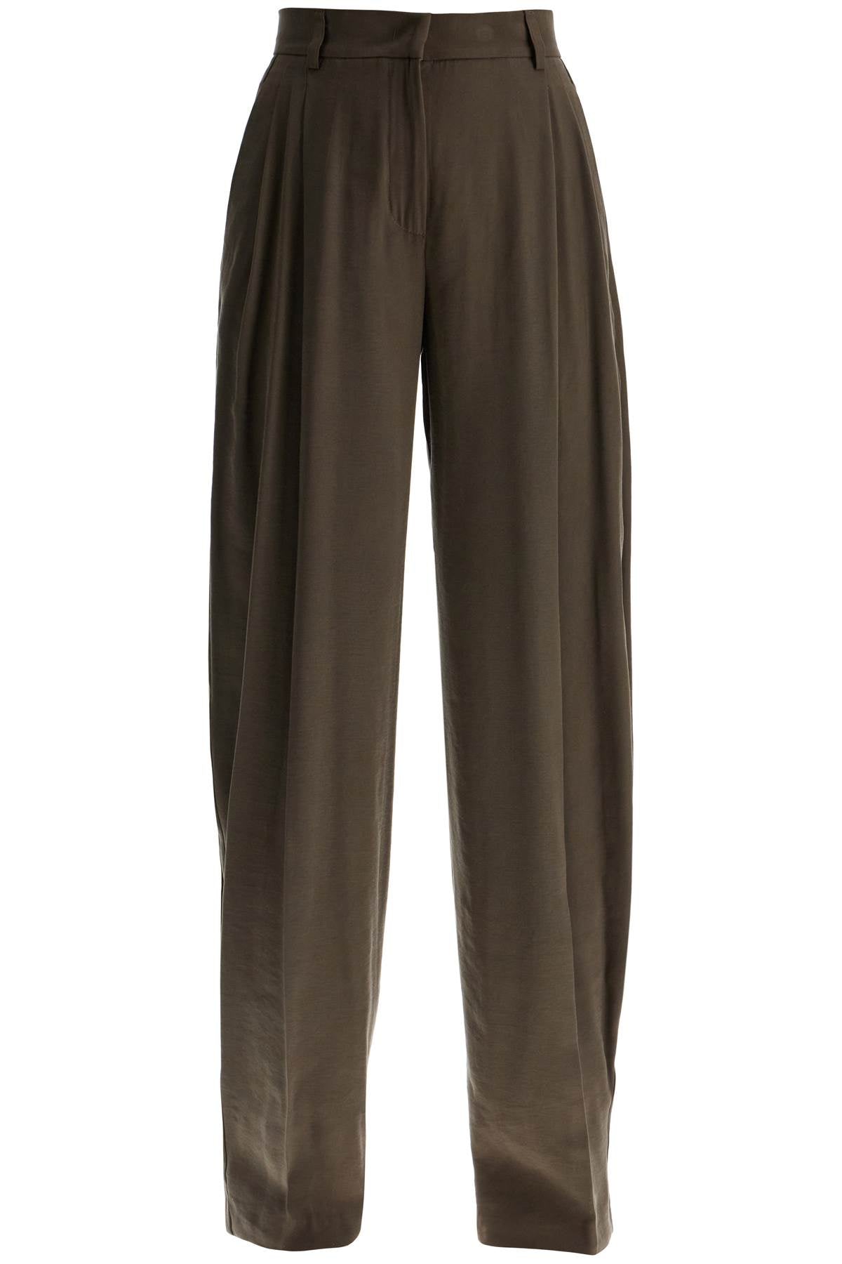 The Andamane Khaki Wide Leg Viscose Trousers With Front Pleats