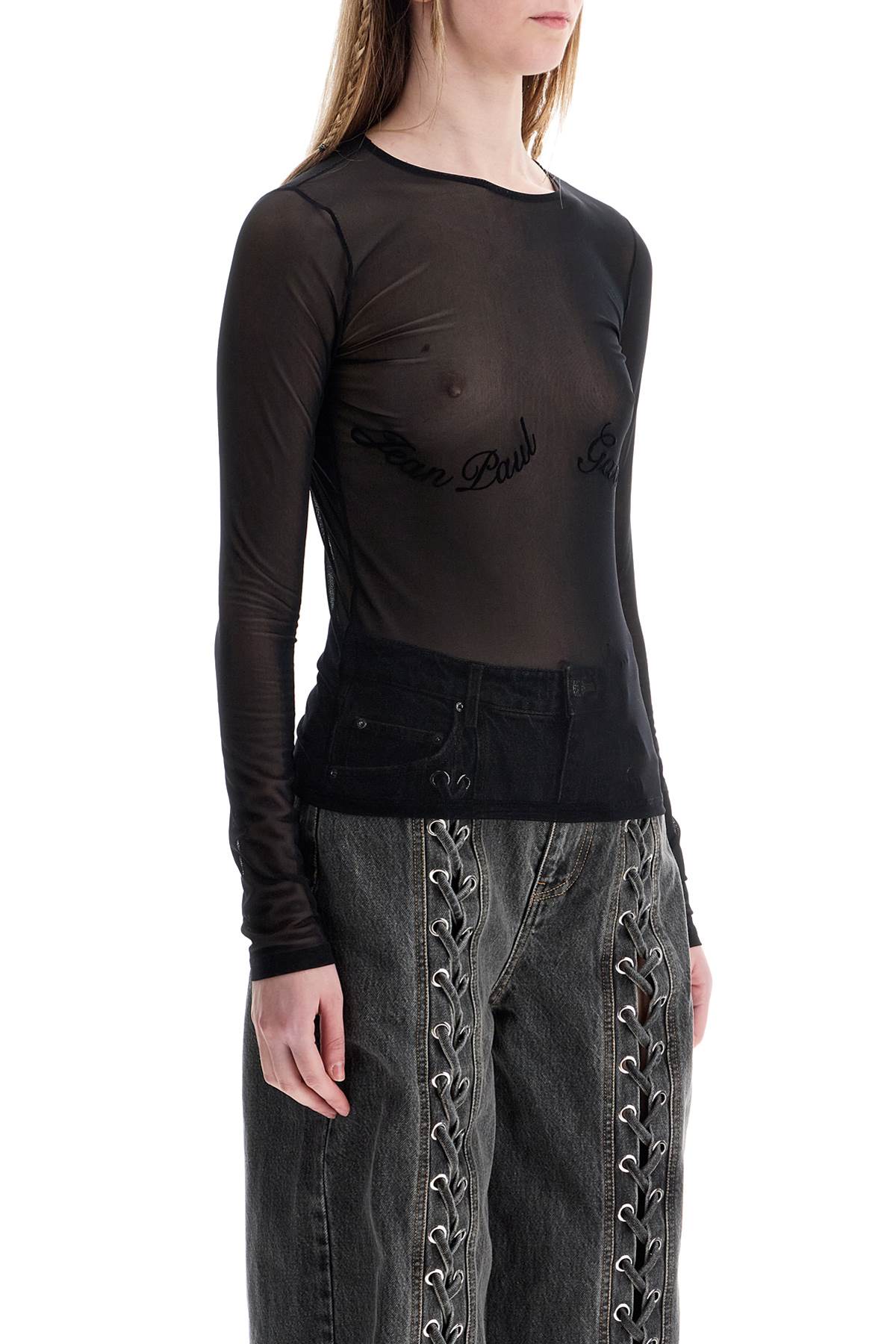 Jean Paul Gaultier Top In Mesh Velluto Nero Logato