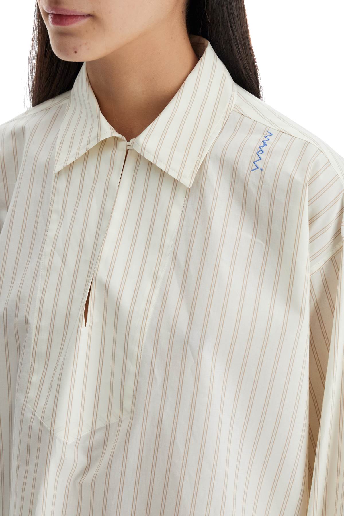 Marni Ivory Striped Cotton Top With Embroidered Logo