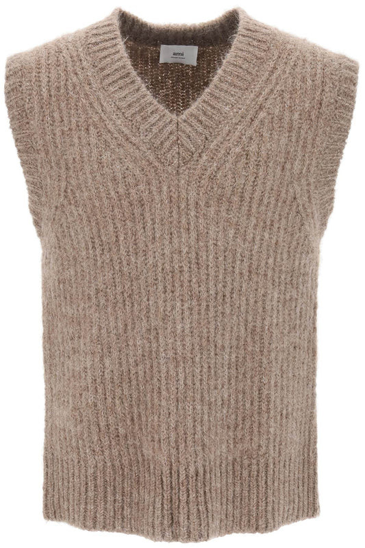 AMI Paris Ribbed Alpaca Sweater Vest Beige