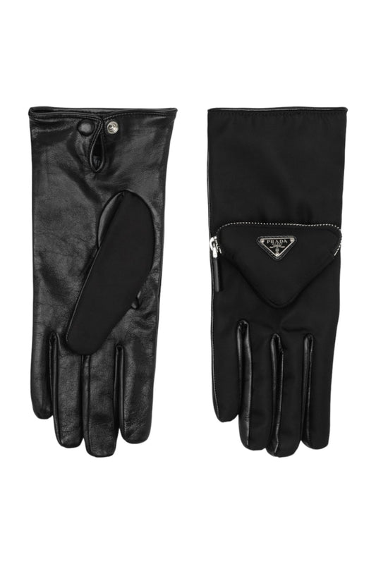 Prada Leather Logo-Plaque Cashmere Gloves