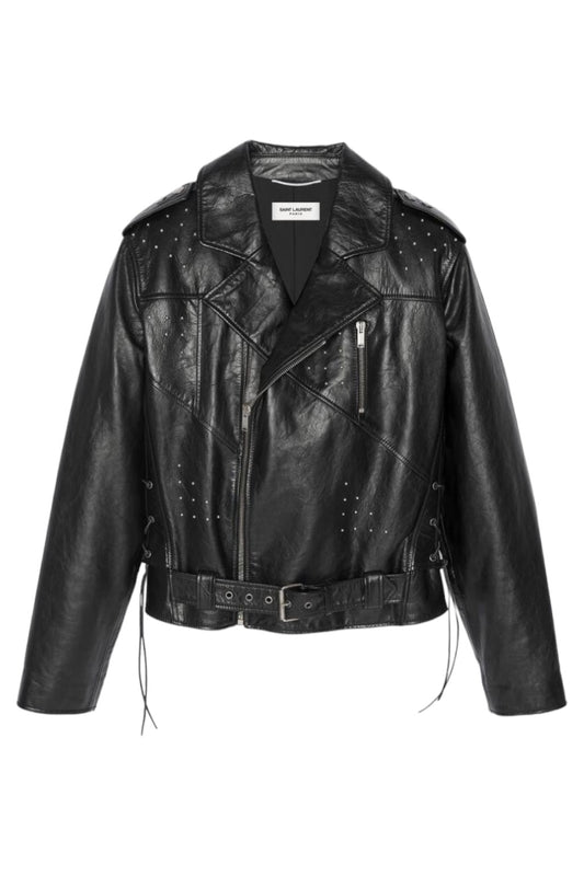 Saint Laurent Aged Leather Motorcycle Jacket With Studs