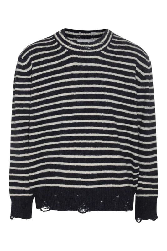 Ami Paris Striped Distressed Virgin Wool Sweater