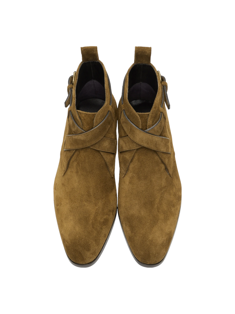 Saint Laurent Brown Suede Wyatt Crossed Buckles Boots