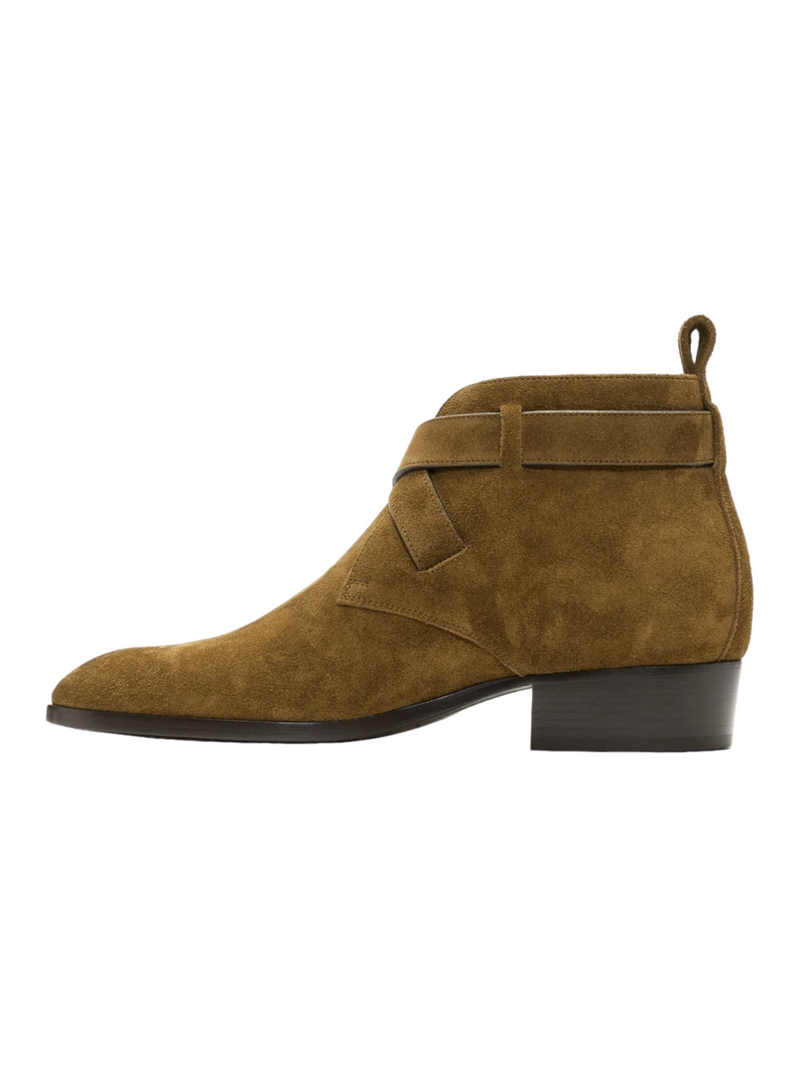 Saint Laurent Brown Suede Wyatt Crossed Buckles Boots