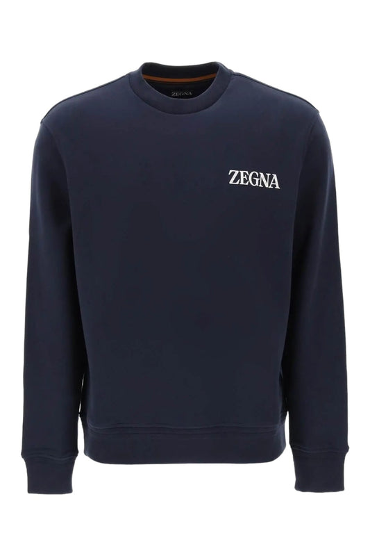 Zegna Flocked Logo Cotton Sweatshirt Blue