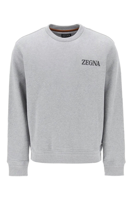 Zegna Flocked Logo Cotton Sweatshirt Grey