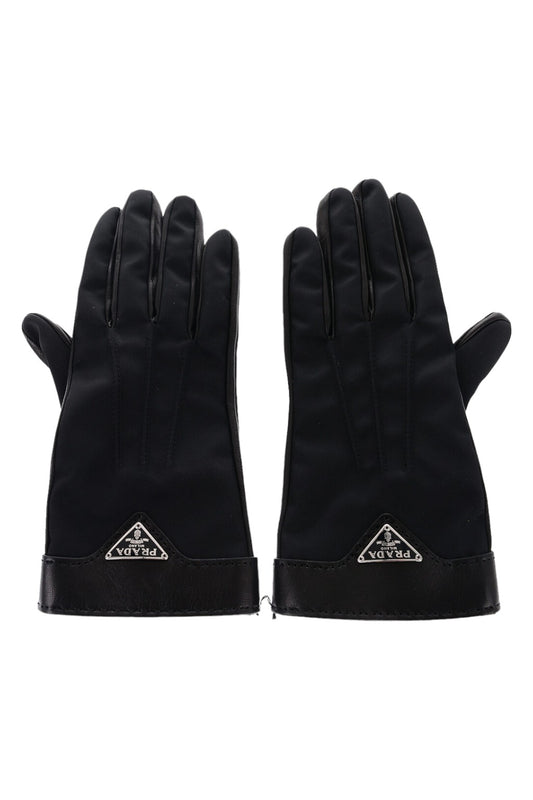 Prada Nylon & Leather Metal Logo Gloves