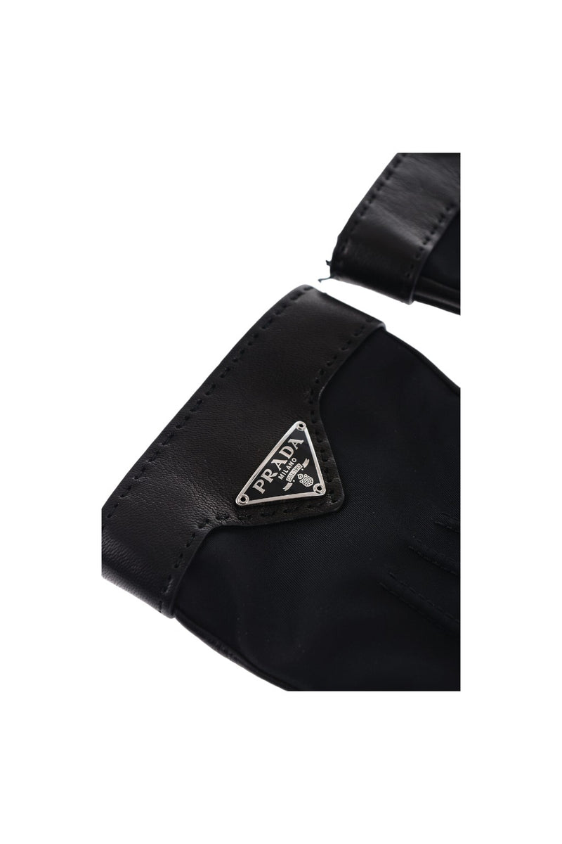 Prada Nylon & Leather Metal Logo Gloves